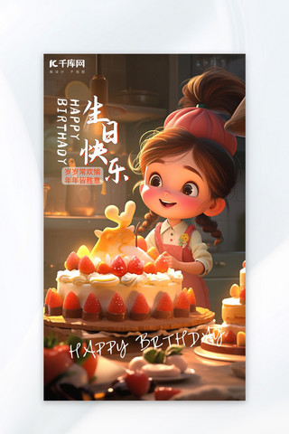 蛋糕生日快乐海报模板_生日快乐小女孩做蛋糕暖色卡通海报