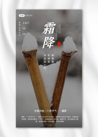 霜降节气篱笆上的雪简约风摄影图海报