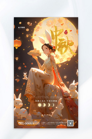 中秋节嫦娥兔子金色中国风插画广告宣传海报