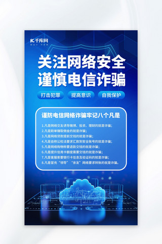 电信套餐流量卡海报模板_网络安全反诈骗蓝色AIGC模板广告营销海报