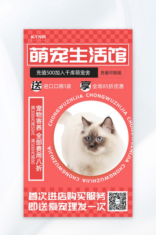 生活用品促销海报模板_宠物生活馆宠物猫红色简约广告营销海报