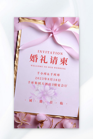 婚礼邀请函请柬粉色大气广告宣传海报