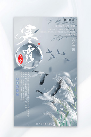带着露水的海报模板_寒露大雁芦苇蓝灰色中国风节气海报
