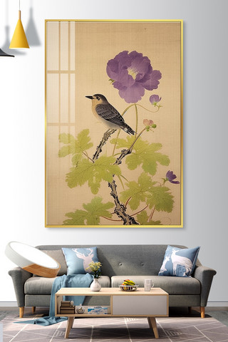 紫花苜蓿海报模板_中式挂画花枝复古新中式装饰画