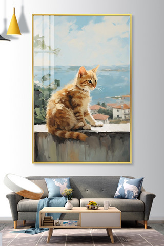 亮面室内地板砖海报模板_猫咪挂画猫咪蓝色油画装饰画