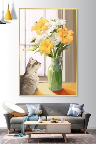 装饰与海报模板_猫咪与花花朵猫咪暖黄色油画装饰画