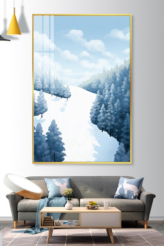 冬季森林海报模板_冬季雪景挂画白雪绿色肌理画装饰画