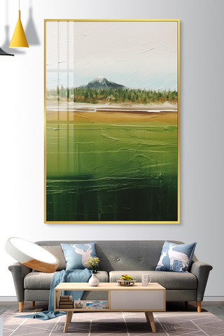 湖边月色海报模板_湖边风景画湖水绿色抽象油画装饰画