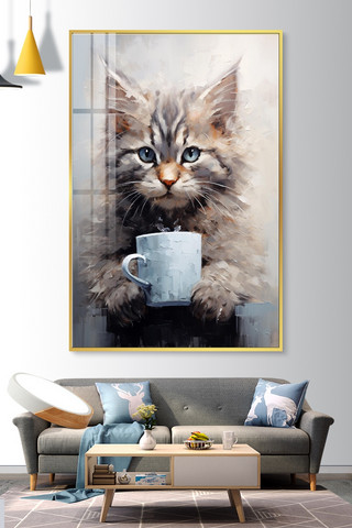 日系猫咪图案海报模板_猫咪装饰画猫咪褐色肌理画装饰画