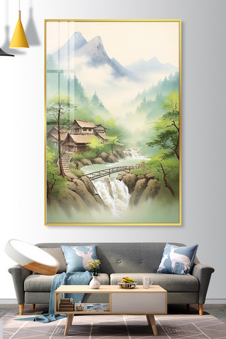 中式山水挂画水彩绿色水彩画装饰画