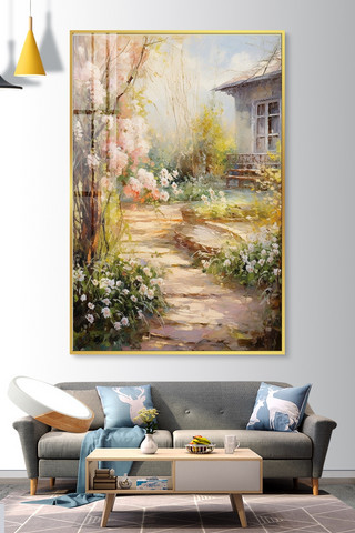 花园喷泉海报模板_花园风景挂画风景暖色油画装饰画