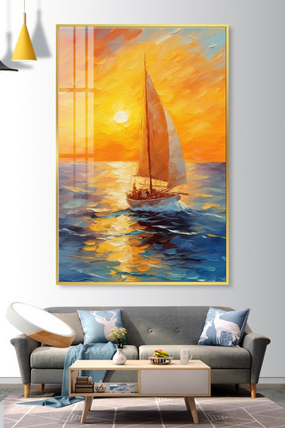 一艘帆船帆船橙色油画装饰画