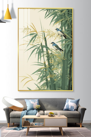 室内新中式海报模板_节节高升装饰画竹子绿色，复古黄新中式装饰画