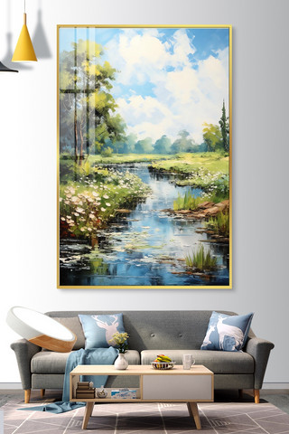 油画蓝天海报模板_河边风景河边植物蓝天白云绿色自然装饰画