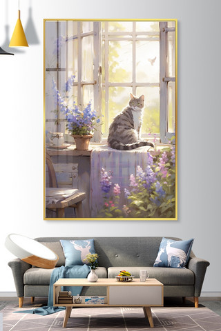 猫咪简约海报模板_室内挂画猫咪暖色油画装饰画