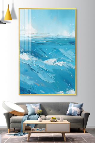远海浪花海报模板_油画风海洋大海浪花蓝色抽象艺术装饰画