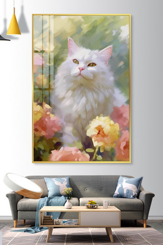 花丛中的白猫白猫白色油画装饰画