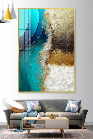装饰画肌理海报模板_装修装饰画海浪沙滩蓝金色抽象鎏金装饰画