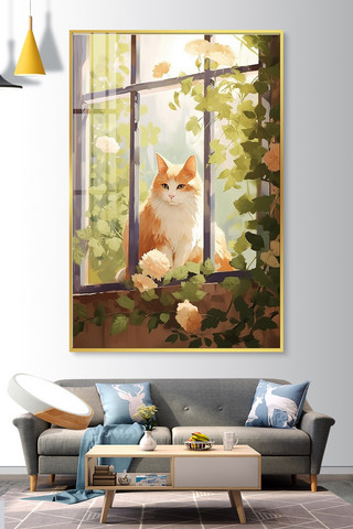 猫橘猫海报模板_窗台上的小橘猫橘猫绿色油画装饰画