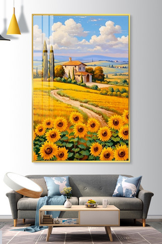 质感室内海报模板_户外风景装饰画向日葵黄色肌理画装饰画