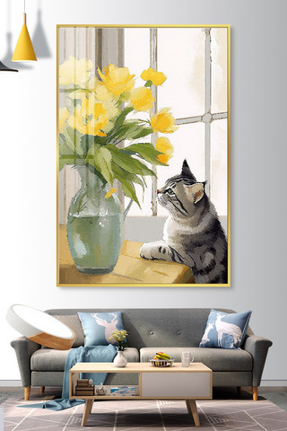 装饰与海报模板_花与猫挂画花朵猫咪暖色油画装饰画