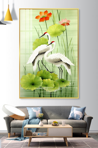白鹤海报模板_莲花下的白鹤白鹤绿色新中式装饰画