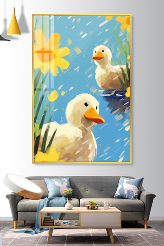 鸭子海报模板_动物装饰画鸭子蓝色肌理画装饰画
