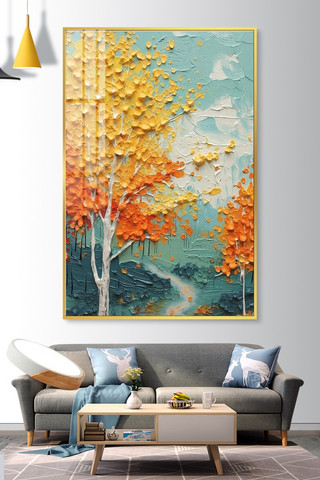 秋季风景画树林蓝橙油画装饰画