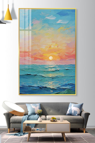抽象装饰画海报模板_日出东方挂画海洋蓝色油画装饰画