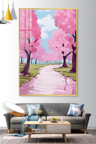 古风桃花园海报模板_桃花园挂画桃花粉色抽象装饰画