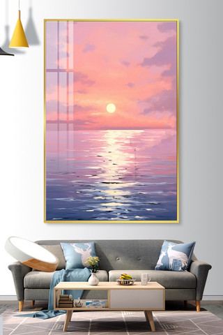 波光粼粼背景海报模板_海洋风景画海水粉色肌理画装饰画