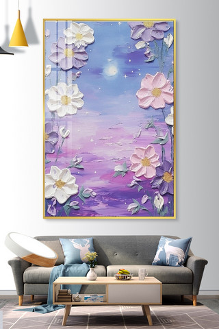 花朵紫色海报模板_粗糙肌理挂画夜空花朵紫色肌理画装饰画