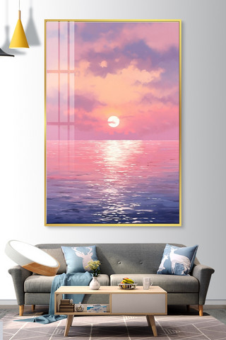 波光粼粼的随眠海报模板_简约风景画海洋粉色简约肌理画装饰画