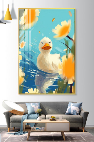 鸭子海报模板_小鸭子挂画鸭子蓝色肌理画装饰画