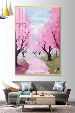 装饰画海报模板_桃花树装饰画桃树粉色肌理画装饰画