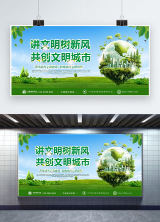 城市文明展板海报模板_文明城市文明城市建设绿色简约展板kt展架