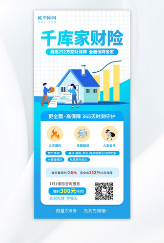 矢量房屋建筑素材海报模板_家财险金融保险蓝色简约海报ps手机海报设计
