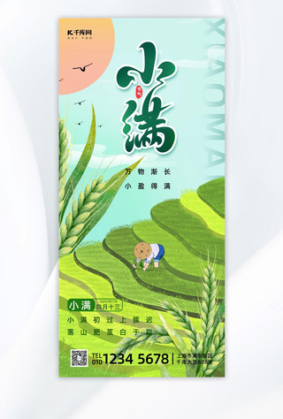 水蜜桃插画海报模板_小满二十四节气小麦绿色插画长图海报