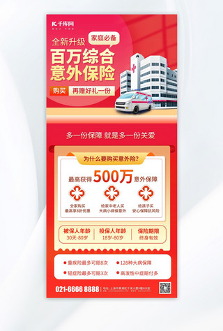 很多家庭海报模板_商业意外保险医院救护车红色简约手机海报