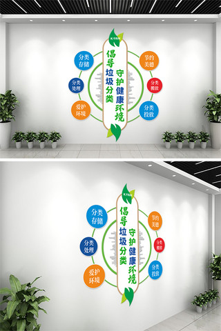 垃圾分类树叶绿色简约立体文化墙