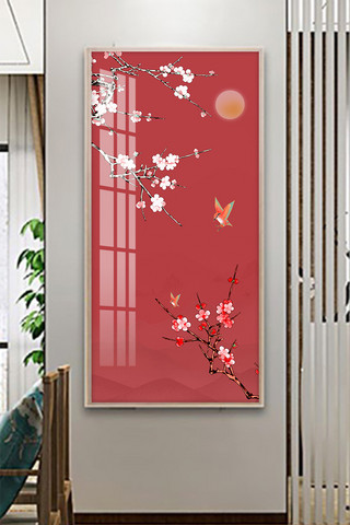 红色传统复古海报模板_传统中国风装饰画梅花红色复古装饰画