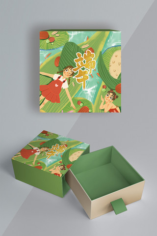 端午粽叶粽子海报模板_端午礼盒粽叶小船绿色简约方形包装