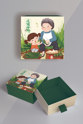 端午礼盒海报模板_端午礼盒奶奶和小姑娘包粽子绿色简约方形包装