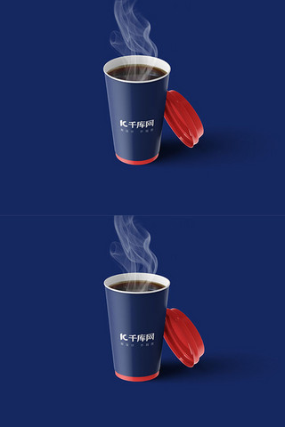 简洁咖啡杯海报模板_咖啡杯展示蓝色简洁个性样机