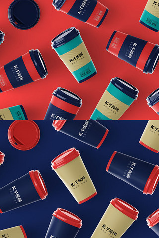 logo样机咖啡杯海报模板_咖啡杯展示红蓝色简洁样机