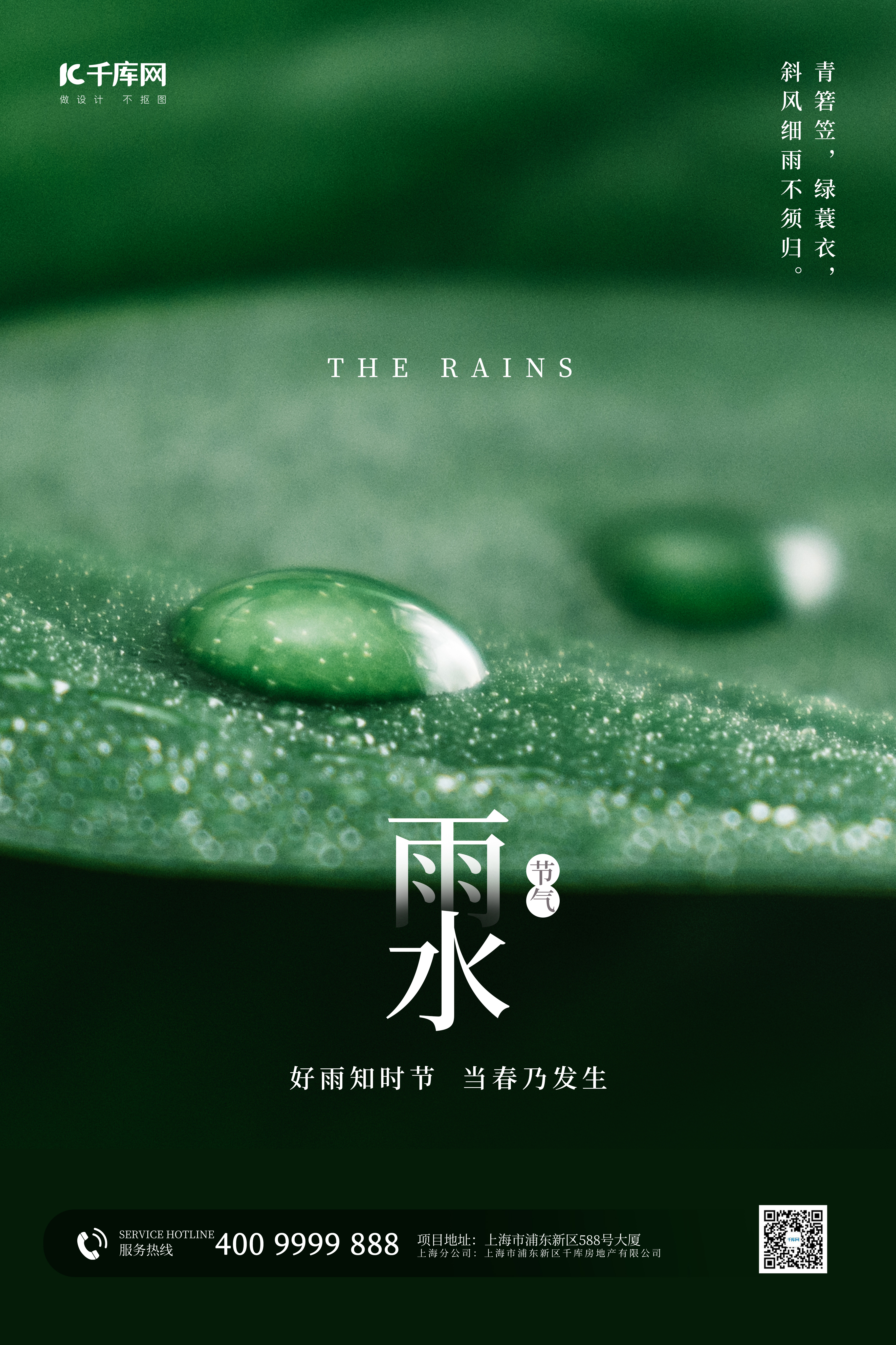 雨水节气叶子露水绿色简约摄影图海报图片