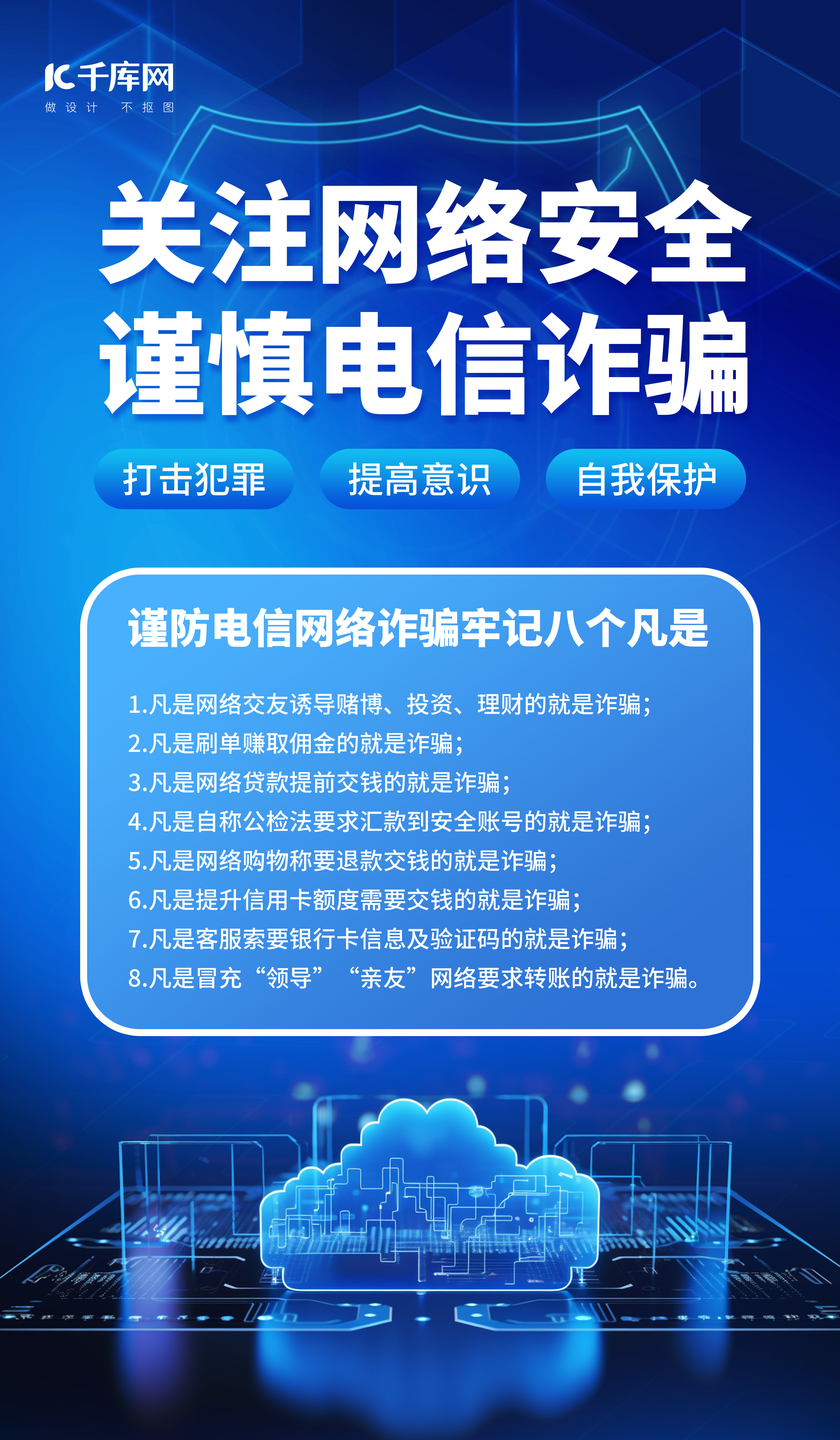 网络安全反诈骗蓝色AIGC模板广告营销海报图片