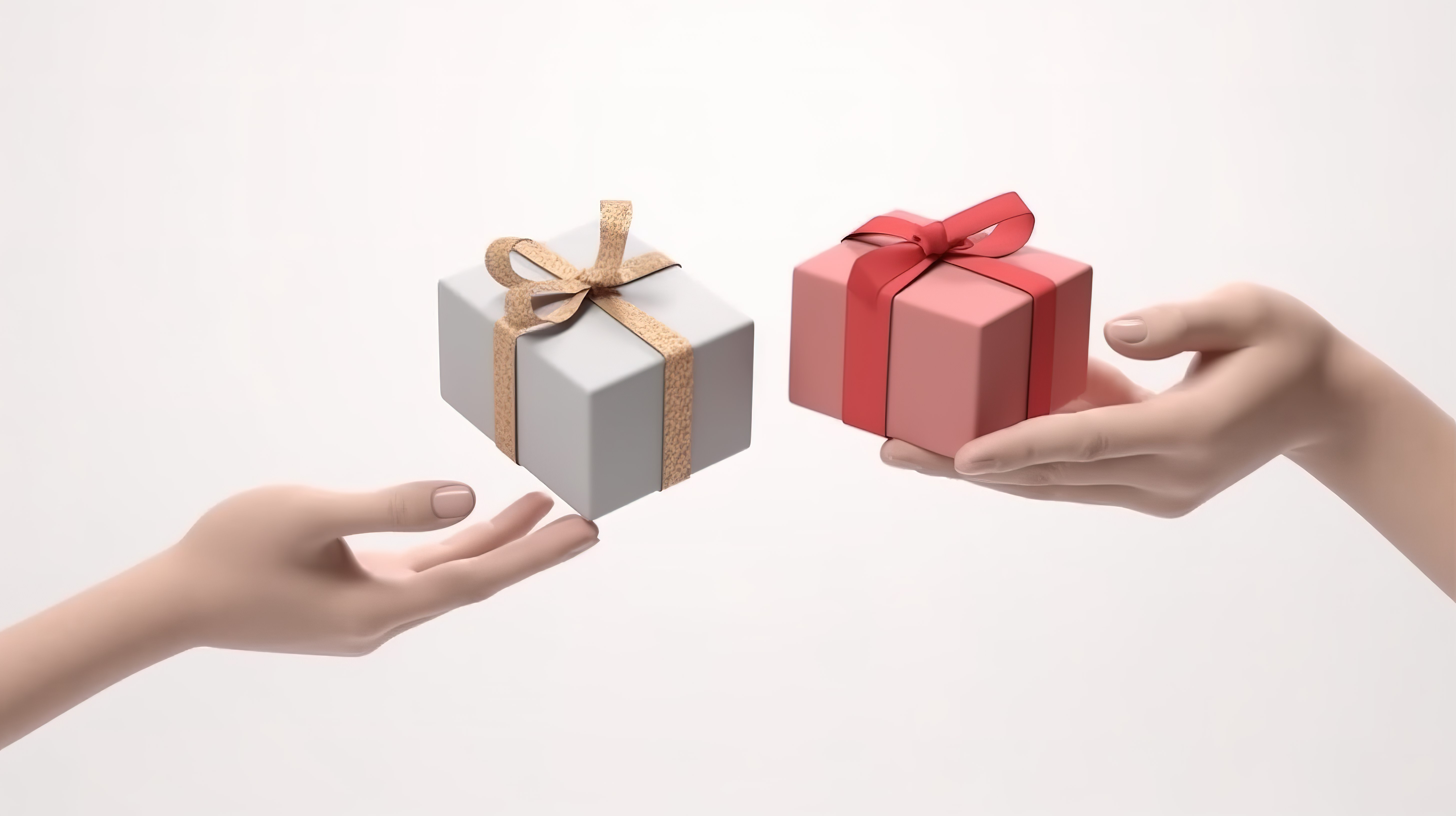 一个 3D 渲染图，描绘了一只手将礼物送给另一只手，在白色背景上强调了慈善和慷慨的理念图片