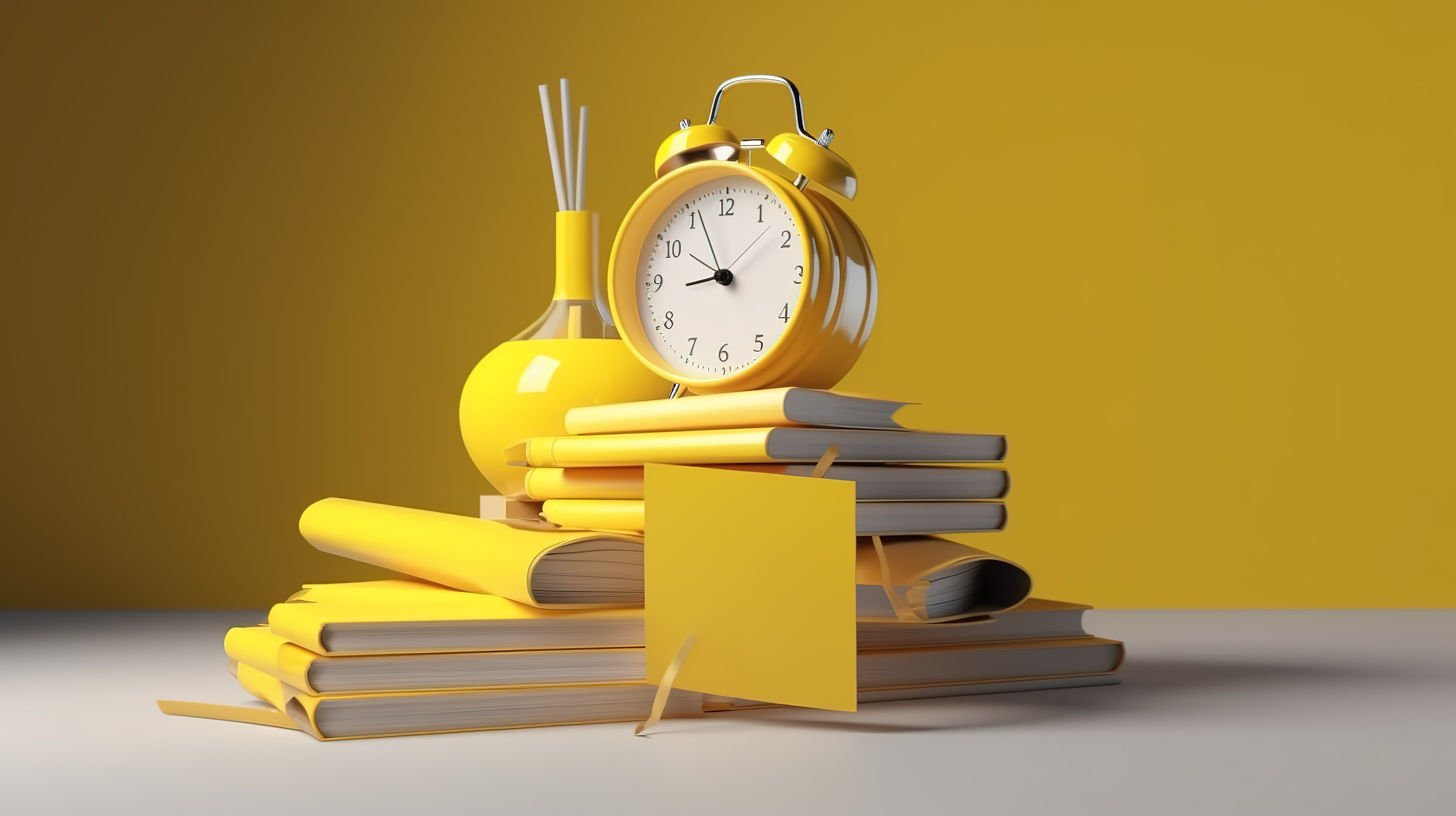 黄色闹钟的教育主题 3d 渲染，带有一摞书供您设计模型图片