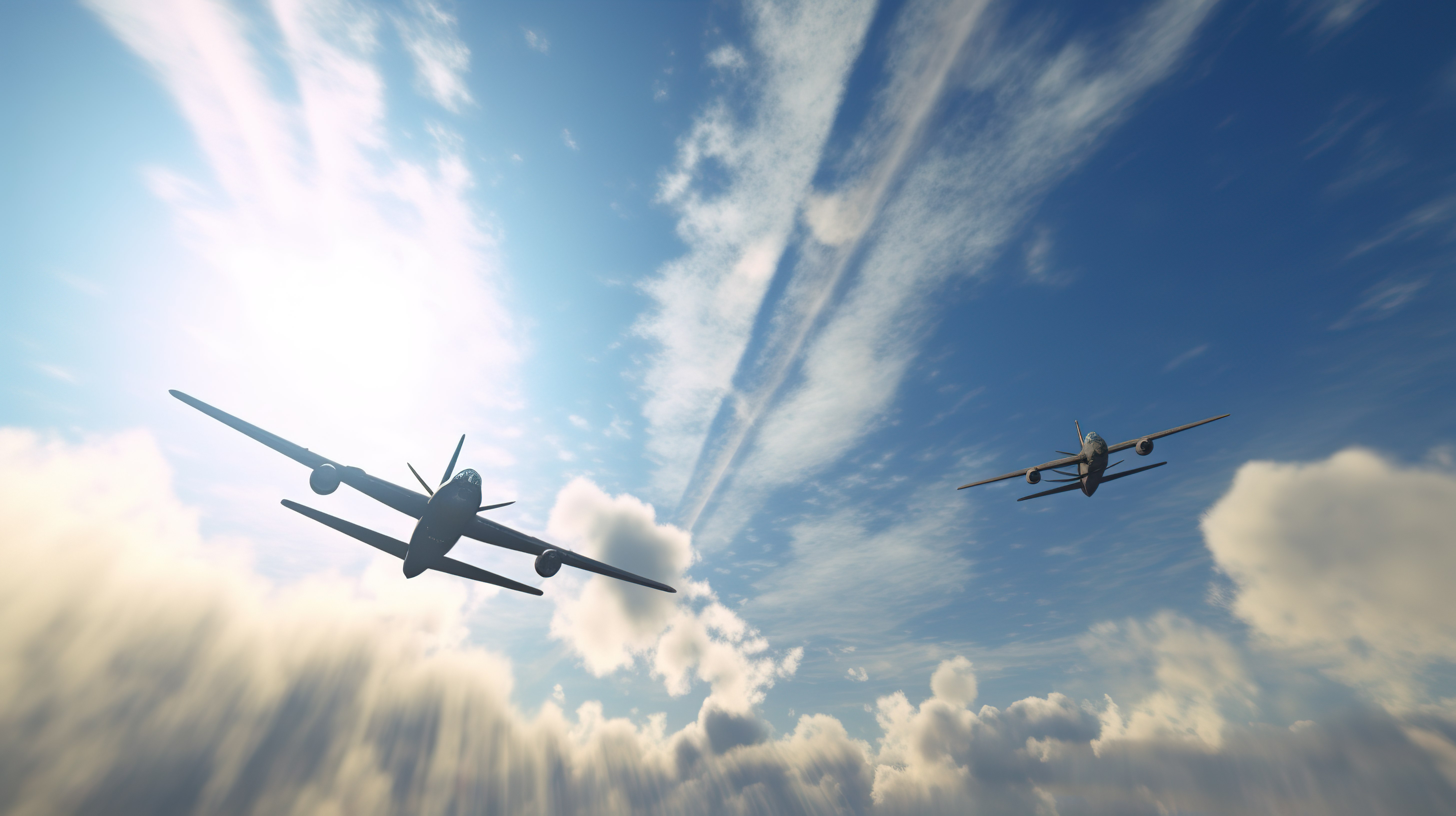 阳光明媚的乌克兰天空目睹两架军用飞机在 3D 渲染中上升图片